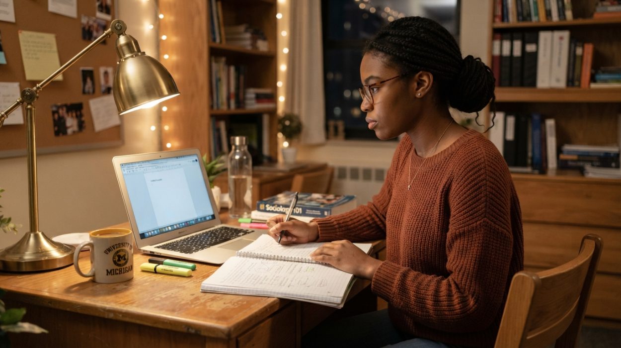 Focused student writing a statement of purpose letter on a laptop