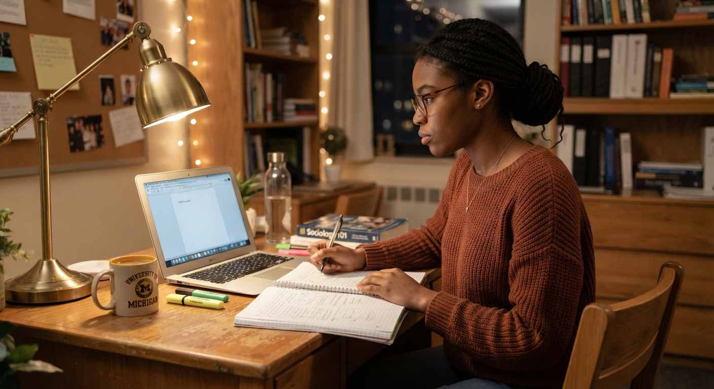 Focused student writing a statement of purpose letter on a laptop