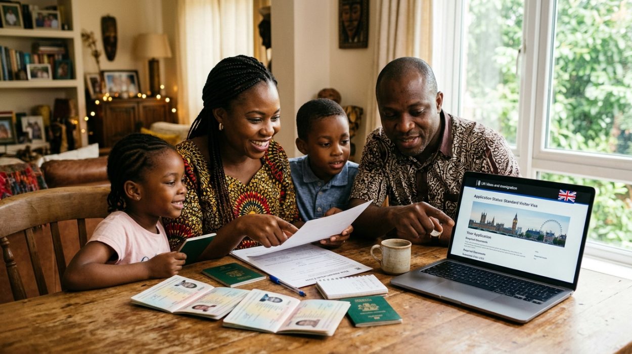 Nigerian family reviewing UK student dependent visa documents and passports together at home