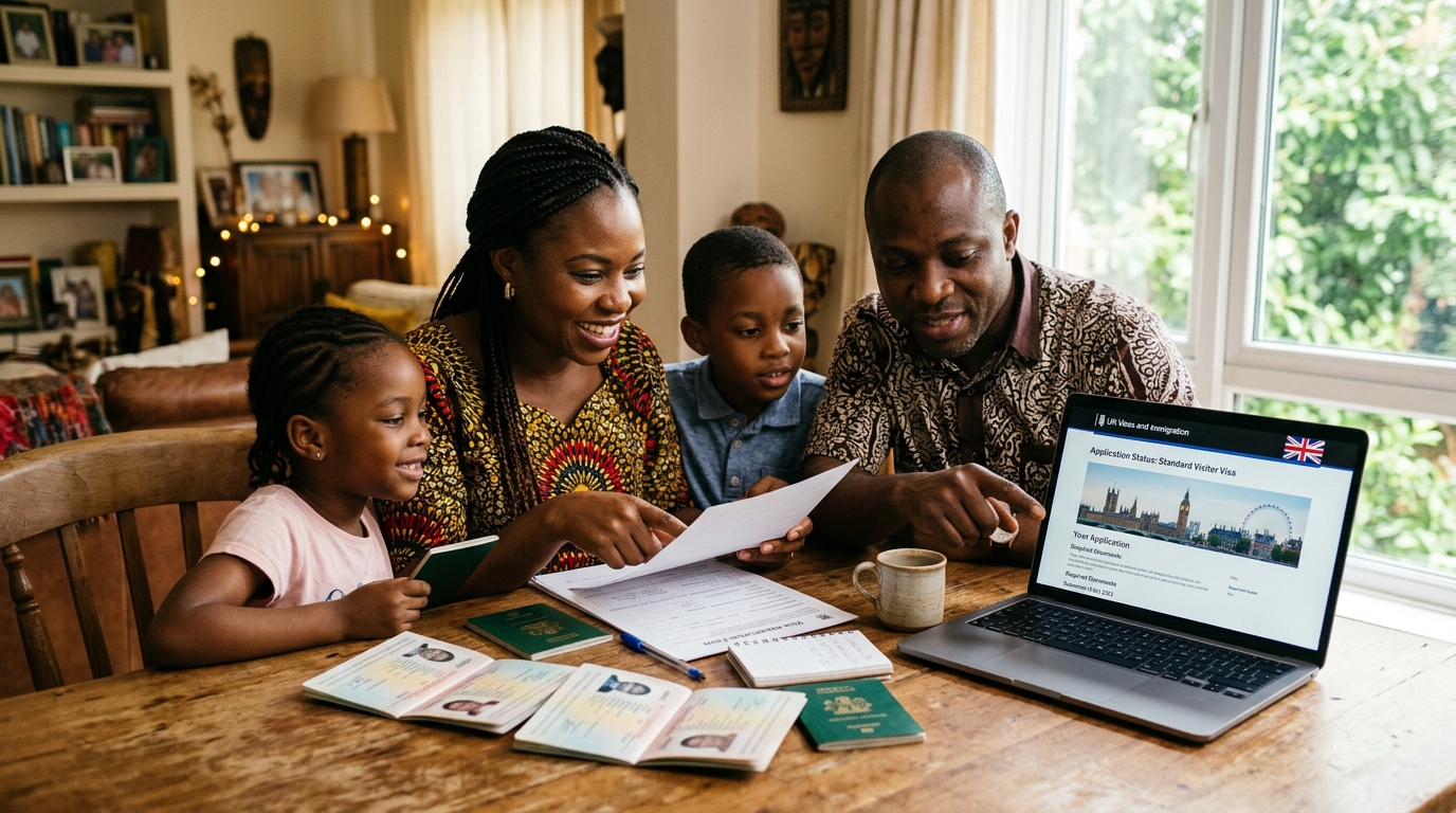Nigerian family reviewing UK student dependent visa documents and passports together at home